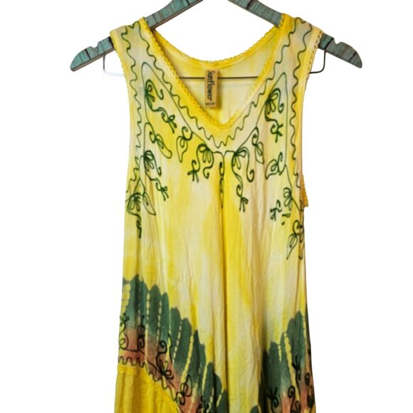 Retro Style SUNFLOWER Brand Tie Dye Embroider Stitch Assymetrical Hem Dress OSFM - Picture 2 of 8